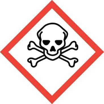 A red and white sign with a skull and crossbonesDescription automatically generated