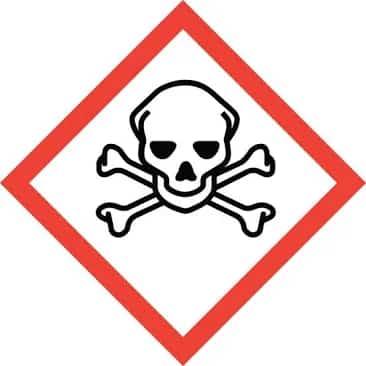 A red and white sign with a skull and crossbonesDescription automatically generated