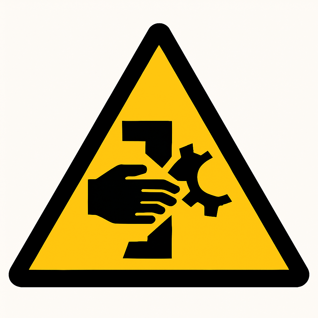 A yellow triangle sign with black hands and a gear