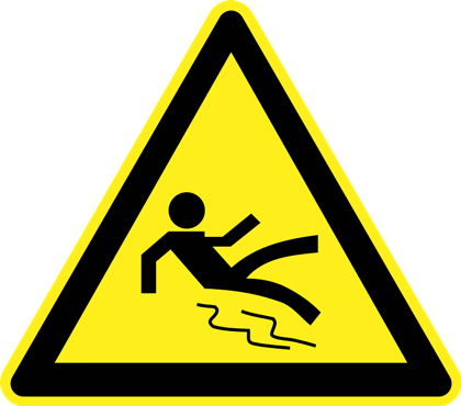 A yellow triangle sign with a person falling on the floor