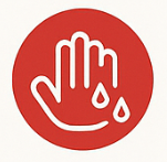 A red circle with a hand and drops of water